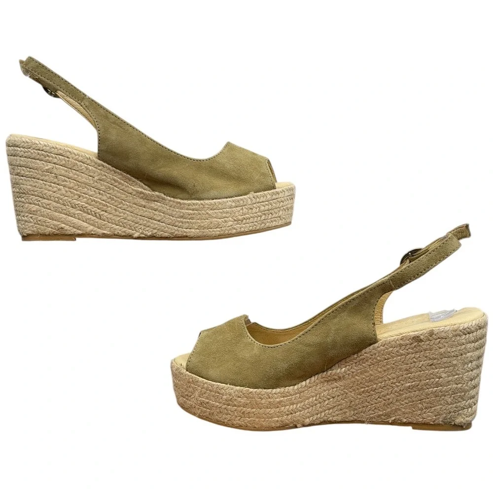 Cordani Evan Espadrille Wedge Sandal Women SZ 38 Green Boho Suede Slingback Soft